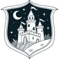Medieval Castle Emblem with Moon and Stars â Fantasy Shield Design Illustration Royalty Free Stock Photo