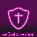 Neon image of a shield with a cross.