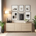 Interior of a beige living room featuring a dresser and posters