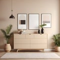 Interior of a beige living room featuring a dresser and posters