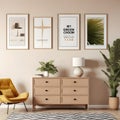 Interior of a beige living room featuring a dresser and posters