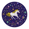 Beautiful illustration of magic starry unicorn inside circle with constellations, stars, crystals isolated on blue