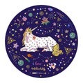 Beautiful illustration of magic unicorn inside circle with constellations, stars, crystals, hearts isolated on blue