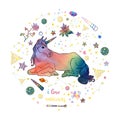 Beautiful illustration of magic unicorn inside circle filled with constellations, stars, crystals, hearts and flowers isolated on Royalty Free Stock Photo