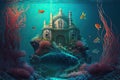Cinematic illustration of a mermaid castle in deep blue ocean.