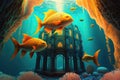Beautiful illustration of a mermaid castle in deep blue ocean with orange fish