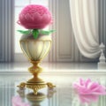 Pink peony in beautiful golden decorated vase.