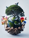 Beautiful Illustration with planet Earth, plants, birds and butterflies!
