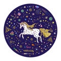 Beautiful illustration of running unicorn inside round with constellations, stars, c hearts and flowers isolated on blue Royalty Free Stock Photo