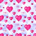 Beautiful illustration Seamless pattern with pink watercolor hearts. Background romantic design. for greeting cards and