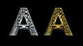 Beautiful illustration of silver and golden English alphabet A on plain black background