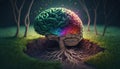Beautiful illustration of the symbolic magic tree of life.The human brain bursts into colorful tree roots. Generative AI Royalty Free Stock Photo
