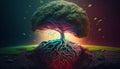 Beautiful illustration of the symbolic magic tree of life.The human brain bursts into colorful tree roots. Generative AI Royalty Free Stock Photo