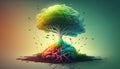 Beautiful illustration of the symbolic magic tree of life.The human brain bursts into colorful tree roots. Generative AI Royalty Free Stock Photo