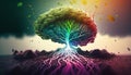 Beautiful illustration of the symbolic magic tree of life.The human brain bursts into colorful tree roots. Generative AI Royalty Free Stock Photo