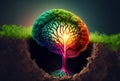 Beautiful illustration of the symbolic magic tree of life.The human brain bursts into colorful tree roots. Generative AI Royalty Free Stock Photo