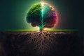 Beautiful illustration of the symbolic magic tree of life.The human brain bursts into colorful tree roots. Generative AI Royalty Free Stock Photo