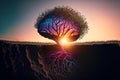 Beautiful illustration of the symbolic magic tree of life.The human brain bursts into colorful tree roots. Generative AI Royalty Free Stock Photo