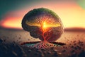 Beautiful illustration of the symbolic magic tree of life.The human brain bursts into colorful tree roots. Generative AI Royalty Free Stock Photo