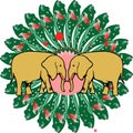 Beautiful illustration of two yellow vintage elephants in unique green background.cdr