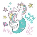 Beautiful illustration with a unicorn mermaid on a white background for children Royalty Free Stock Photo