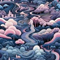 Beautiful illustration of waterfalls with dark blue and pink tones (tiled)
