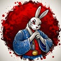 white samurai rabbit in kimono