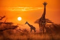 Beautiful image of a baby giraffe and mother walking in the dry grass of savanna at sunset. Amazing African wildlife. Generative Royalty Free Stock Photo