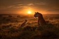 Beautiful image of a baby tiger and mother laying in the dry grass of savanna at sunset. Amazing wildlife