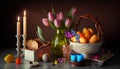 Egg-citing Easter Decor: Tulips and Colorful Eggs in a Garden Setting- ai generated