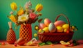 Egg-citing Easter Decor: Tulips and Colorful Eggs in a Garden Setting- ai generated