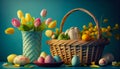 Egg-citing Easter Decor: Tulips and Colorful Eggs in a Garden Setting- ai generated