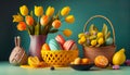 Egg-citing Easter Decor: Tulips and Colorful Eggs in a Garden Setting- ai generated