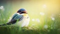 A Sunny Day\'s Rest: A Charming Little Swallow in Lush Green Grass. Generative AI