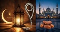 Ramadan Kareem - Lantern, Prayer Beads, Dates, and Mosque Royalty Free Stock Photo