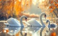 A beautiful image capturing a family of swans, two adults and a cygnet, gracefully floating on a serene lake Royalty Free Stock Photo