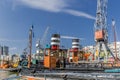 Beautiful image of cargo ships anchored in the Wijnhaven harbor in the center of Rotterdam Royalty Free Stock Photo