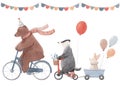 Beautiful image with cute hand drawn watercolor animals on bikes and air baloons. Birthday party bear badger rabbit