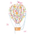 Beautiful image with cute watercolor hand drawn air baloon with gentle flowers. Stock illustration.