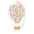 Beautiful image with cute watercolor hand drawn air baloon with gentle flowers. Stock illustration. Royalty Free Stock Photo