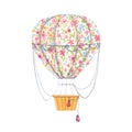 Beautiful image with cute watercolor hand drawn air baloon with gentle flowers. Stock illustration.