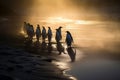 Beautiful image of emperor penguins walking on the beach at sunset. Amazing Wildlife. Generative Ai