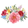 Beautiful image with watercolor gentle blooming flowers. Stock illustration.