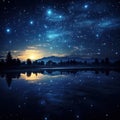 Beautiful image of lake in winter night with starry sky, snowy forest and mountains. Miracles, magical time Royalty Free Stock Photo