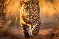 Beautiful image of a leopard roaming through the golden african savannah at enchanting sunset