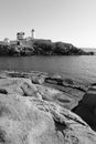 Tones of black and white in image of Maine`s beloved Nubble Lighthouse, York Maine, 2018