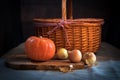Beautiful image of pumpkin with onions and basket. food background, food photography. nutritional and delicious conceptual image o Royalty Free Stock Photo