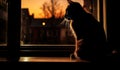 Beautiful image with the silhouette of a cat in the window, against the light, at sunset. AI generated