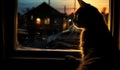Beautiful image with the silhouette of a cat in the window, against the light, at sunset. AI generated