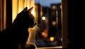 Beautiful image with the silhouette of a cat in the window, against the light, at sunset. AI generated